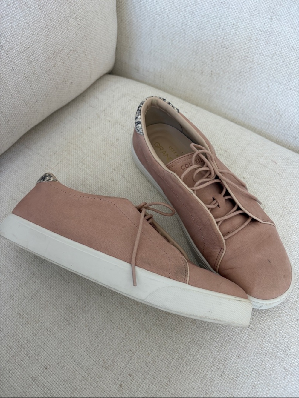 Cole Haan Blush Pink Leather Lace-Up Sneakers with Snakeskin Heel Accent
